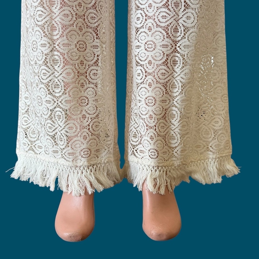 Crochet Lace Wide-Leg Pants‎ MED Fringe Hem Boho Festival Woodstock Palazzo NWT - Picture 2 of 12